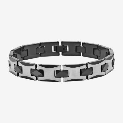 Mens 8 1/2 Inch Stainless Steel & Black Tungsten Link Bracelet