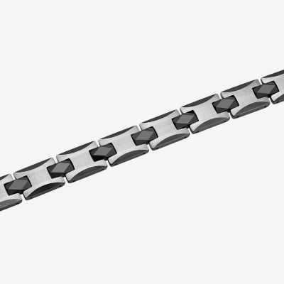 Mens 8 1/2 Inch Stainless Steel & Black Tungsten Link Bracelet