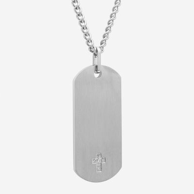 Mens Diamond Accent Natural White Diamond Stainless Steel Cross Dog Tag Pendant Necklace