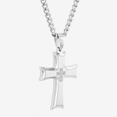 Mens Diamond Accent White Diamond Stainless Steel Cross 24 Inch Pendant Necklace