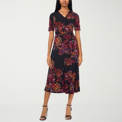 MSK Womens Petite Short Sleeve Floral Midi Fit + Flare Dress