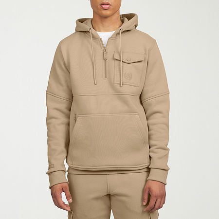 Akademiks Mens Hooded Long Sleeve Quarter-Zip Pullover, X-large, Beige