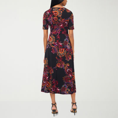 MSK Womens Petite Short Sleeve Floral Midi Fit + Flare Dress