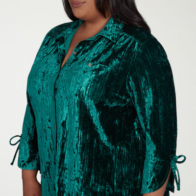 Alfred Dunner Plus Emerald Isle Womens 3/4 Sleeve Regular Fit Button-Down Shirt