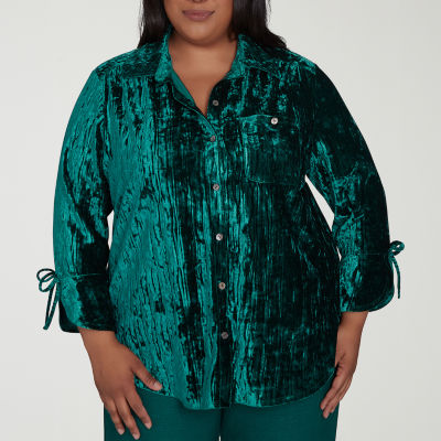 Alfred Dunner Plus Emerald Isle Womens 3/4 Sleeve Regular Fit Button-Down Shirt