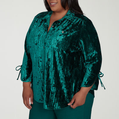 Alfred Dunner Plus Emerald Isle Womens 3/4 Sleeve Regular Fit Button-Down Shirt