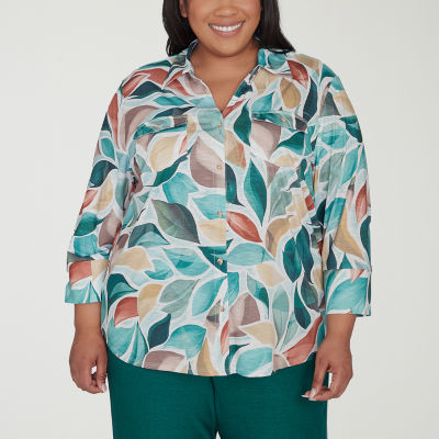 Alfred Dunner Plus Emerald Isle Womens 3/4 Sleeve Regular Fit Button-Down Shirt