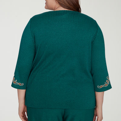 Alfred Dunner Plus Emerald Isle Womens Crew Neck 3/4 Sleeve Embroidered Blouse