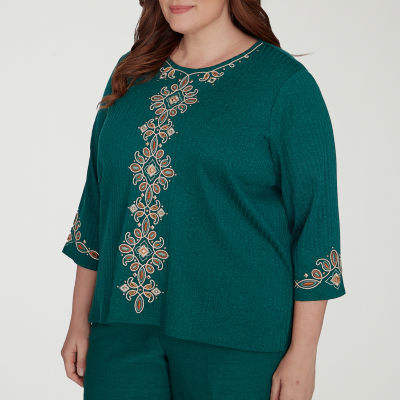 Alfred Dunner Plus Emerald Isle Womens Crew Neck 3/4 Sleeve Embroidered Blouse