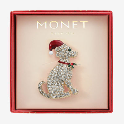 Monet Jewelry Gold Tone Santa Dog Glass Pin