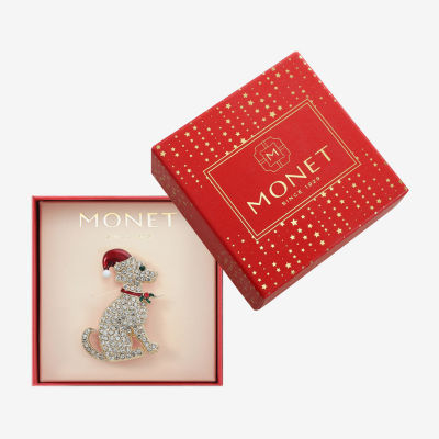 Monet Jewelry Gold Tone Santa Dog Glass Pin