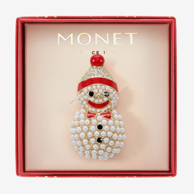 Monet Jewelry Gold Tone Snowman White Glass Pin