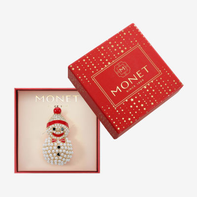 Monet Jewelry Gold Tone Snowman White Glass Pin