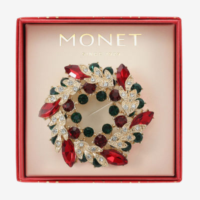 Monet Jewelry Gold Tone Wreath Multi Color Glass Pin
