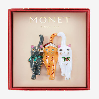 Monet Jewelry Gold Tone Cat Trio Multi Color Glass Pin