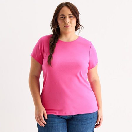 St. John's Bay Womens Plus Crew Neck Short Sleeve T-shirt In Pink