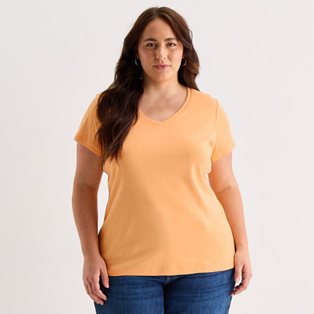 St. John's Bay Womens Plus V Neck Short Sleeve T-shirt In Orange