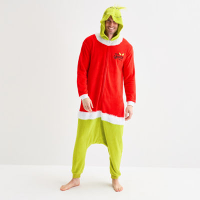 Mens Grinch Fleece Hooded Long Sleeve One Piece Pajama