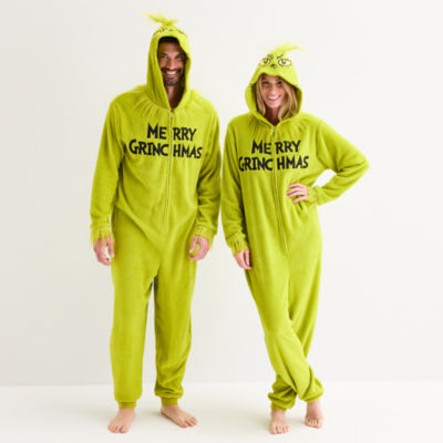 Unisex Adult Grinch Fleece Hooded Long Sleeve One Piece Pajama