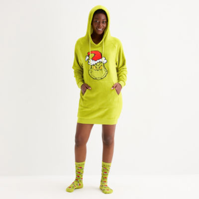Womens Grinch Fleece Hooded Long Sleeve Nightshirt