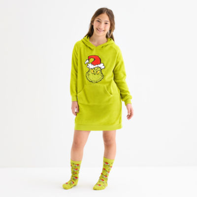 Little & Big Kid Girls Grinch Fleece Hooded Long Sleeve Nightshirt