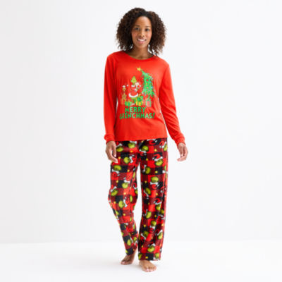 Womens Grinch Microfleece Crew Neck Long Sleeve 2-pc. Pajama Sets