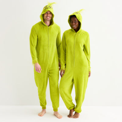 Unisex Adult Grinch Fleece Hooded Long Sleeve One Piece Pajama