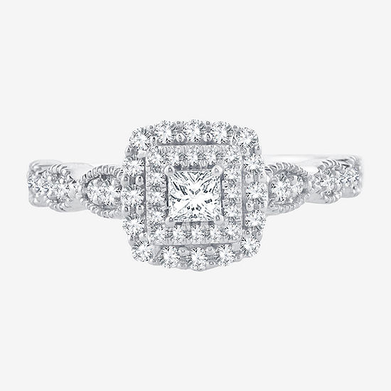 Signature By Modern Bride Womens 1/2 CT. T.W. Genuine White Diamond 10K White Gold Cushion Side Stone Halo Engagement Ring