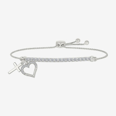 Lab Created White Sapphire Sterling Silver Heart Bolo Bracelet