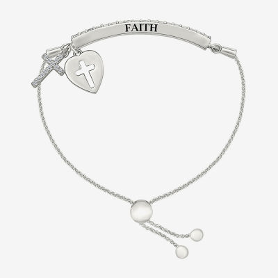 Lab Created White Sapphire Sterling Silver Cross Heart Bolo Bracelet