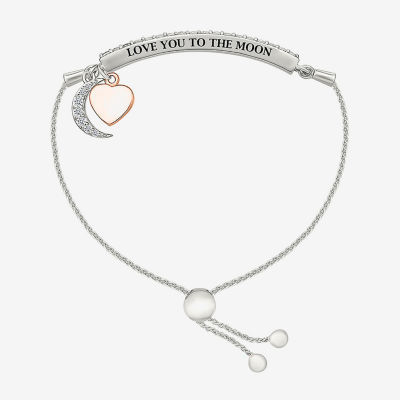 Lab Created White Sapphire 10K Rose Gold Sterling Silver Heart Moon Bolo Bracelet