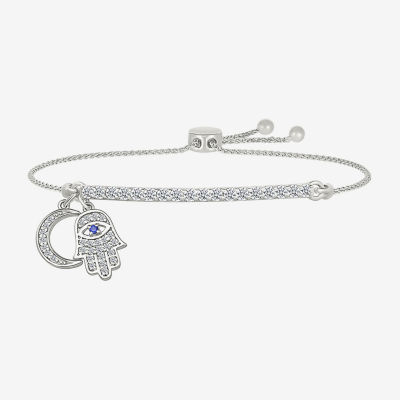 "Strong" Lab Created Blue Sapphire Sterling Silver Hamsa Moon Bolo Bracelet