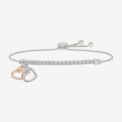 Lab Created White Sapphire 10K Rose Gold Sterling Silver Heart Bolo Bracelet