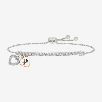 "Sis" Lab Created White Sapphire 10K Rose Gold Sterling Silver Heart Bolo Bracelet