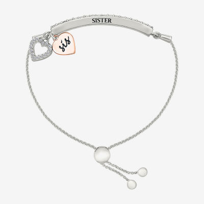 "Sis" Lab Created White Sapphire 10K Rose Gold Sterling Silver Heart Bolo Bracelet