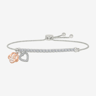 Lab Created White Sapphire 10K Rose Gold Sterling Silver Flower Heart Bolo Bracelet