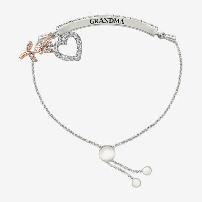 "Grandma" Lab Created White Sapphire 10K Rose Gold Sterling Silver Flower Heart Bolo Bracelet