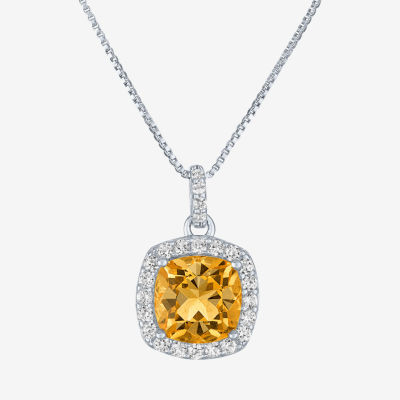 Womens Genuine Yellow Citrine Sterling Silver Cushion Pendant Necklace