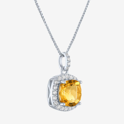 Womens Genuine Yellow Citrine Sterling Silver Cushion Pendant Necklace