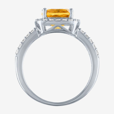 Womens Genuine Yellow Citrine Sterling Silver Halo Side Stone Cocktail Ring