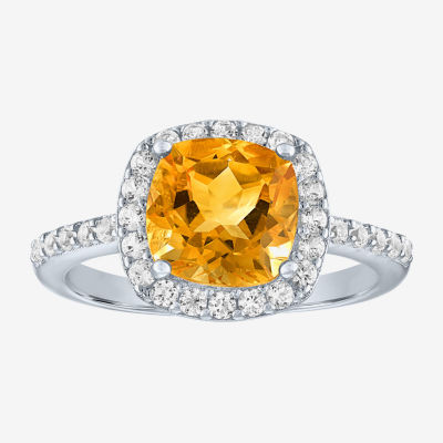 Womens Genuine Yellow Citrine Sterling Silver Halo Side Stone Cocktail Ring