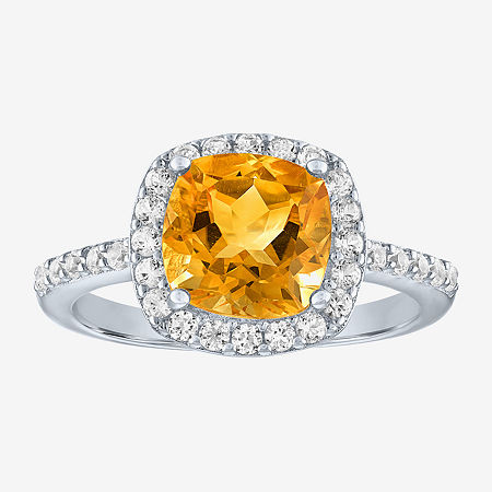 Womens Genuine Yellow Citrine Sterling Silver Halo Side Stone Cocktail Ring, 8, Citrine