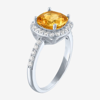 Womens Genuine Yellow Citrine Sterling Silver Halo Side Stone Cocktail Ring