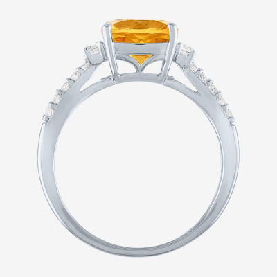 Womens Genuine Yellow Citrine Sterling Silver Side Stone Cocktail Ring