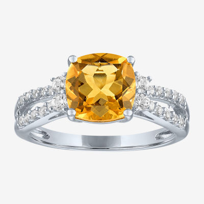 Womens Genuine Yellow Citrine Sterling Silver Side Stone Cocktail Ring