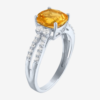 Womens Genuine Yellow Citrine Sterling Silver Side Stone Cocktail Ring