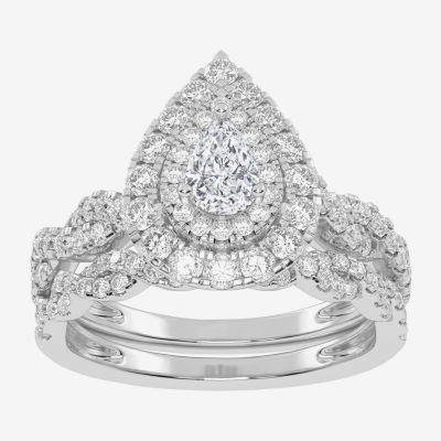 Signature By Modern Bride 1 CT.T.W. Natural Diamond Pear Shape Side Stone Halo Bridal Set in 10K or 14K Gold