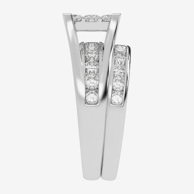 2 CT.T.W. Natural Princess & Round Diamond 10K or 14K White Gold Bridal Ring Set