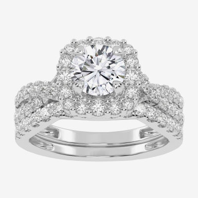 (G-H / Si1-Si2) Womens Lab Grown White Diamond 10K Gold Round Side Stone Halo Bridal Set