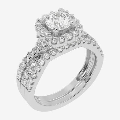 Signature By Modern Bride (G-H / Si1-Si2) Womens Lab Grown White Diamond 10K White Gold Round Side Stone Halo Bridal Set